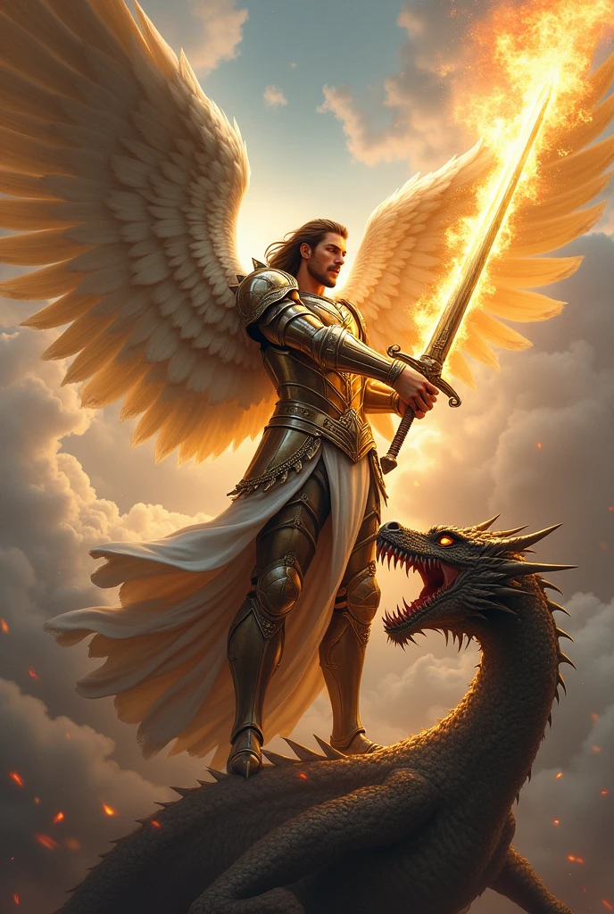 Archangel Michael with sword subduing dragon
