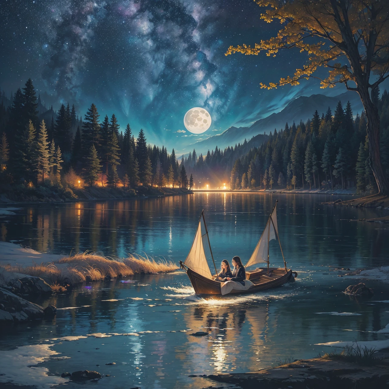 a painting of a lake with a full moon and trees, a fine art painting by Dan Mumford, tumblr, space art, magical sparkling lake, painting by dan mumford, dan mumford and albert bierstadt, dan mumford paint, glowing reflections, in the style dan mumford artwork, dan mumford and thomas kinkade, el bosco and dan mumford