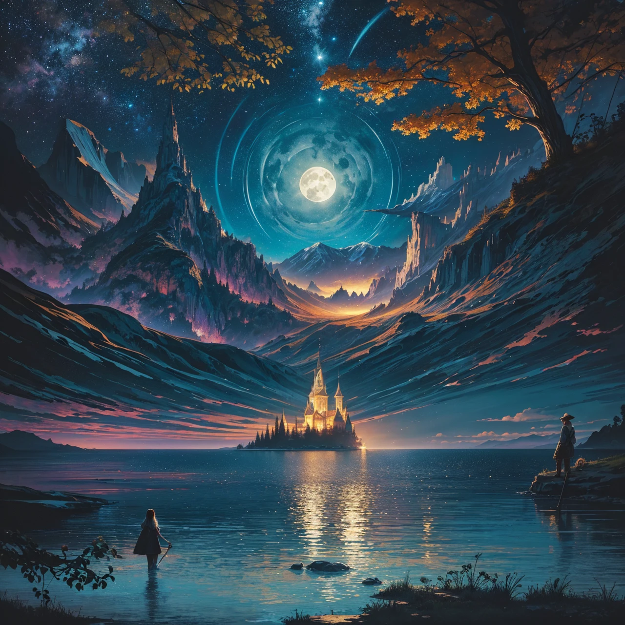 a painting of a lake with a full moon and trees, a fine art painting by Dan Mumford, tumblr, space art, magical sparkling lake, painting by dan mumford, dan mumford and albert bierstadt, dan mumford paint, glowing reflections, in the style dan mumford artwork, dan mumford and thomas kinkade, el bosco and dan mumford