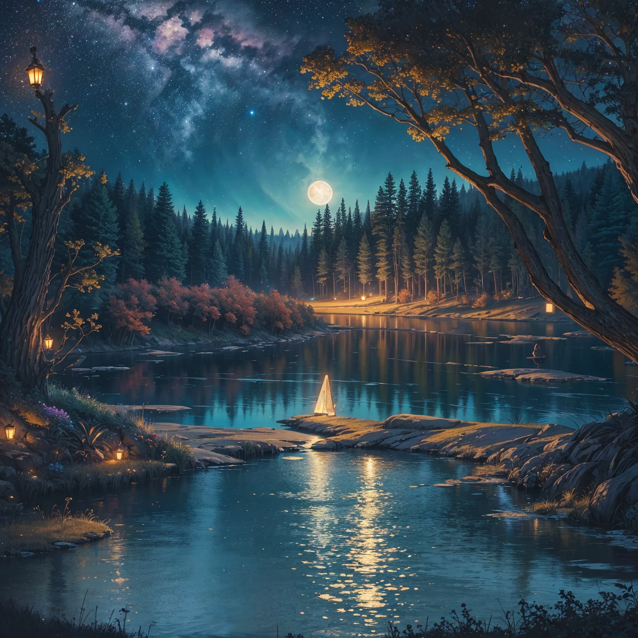 a painting of a lake with a full moon and trees, a fine art painting by Dan Mumford, tumblr, space art, magical sparkling lake, painting by dan mumford, dan mumford and albert bierstadt, dan mumford paint, glowing reflections, in the style dan mumford artwork, dan mumford and thomas kinkade, el bosco and dan mumford