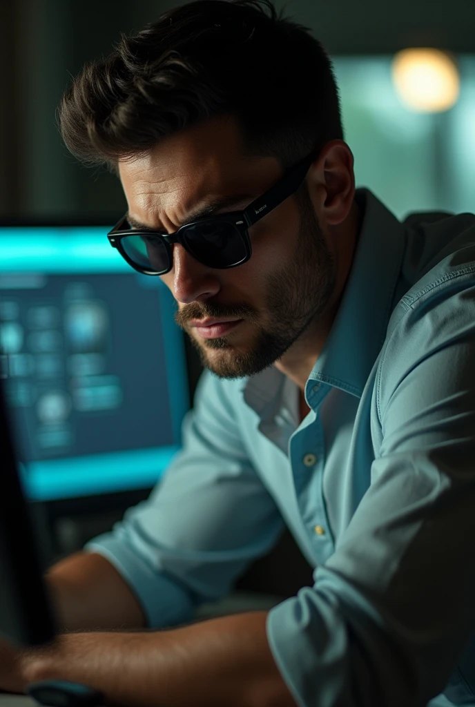 (Man in a shirt), ), (Unshaven,30th Generation) sunglasses, Troubled expression, Short black hair, elegant, elegant, Shaved body, Showing off, actor jamie dornan, (high quality, Realistic image), Looking at the computer while working, Movie Style, ((最high quality, In 8K, Representative works).
