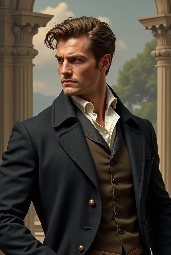 A handsome 2 British man Light brown Tall Muscular Looks like Alan Ritchson From the 1800's