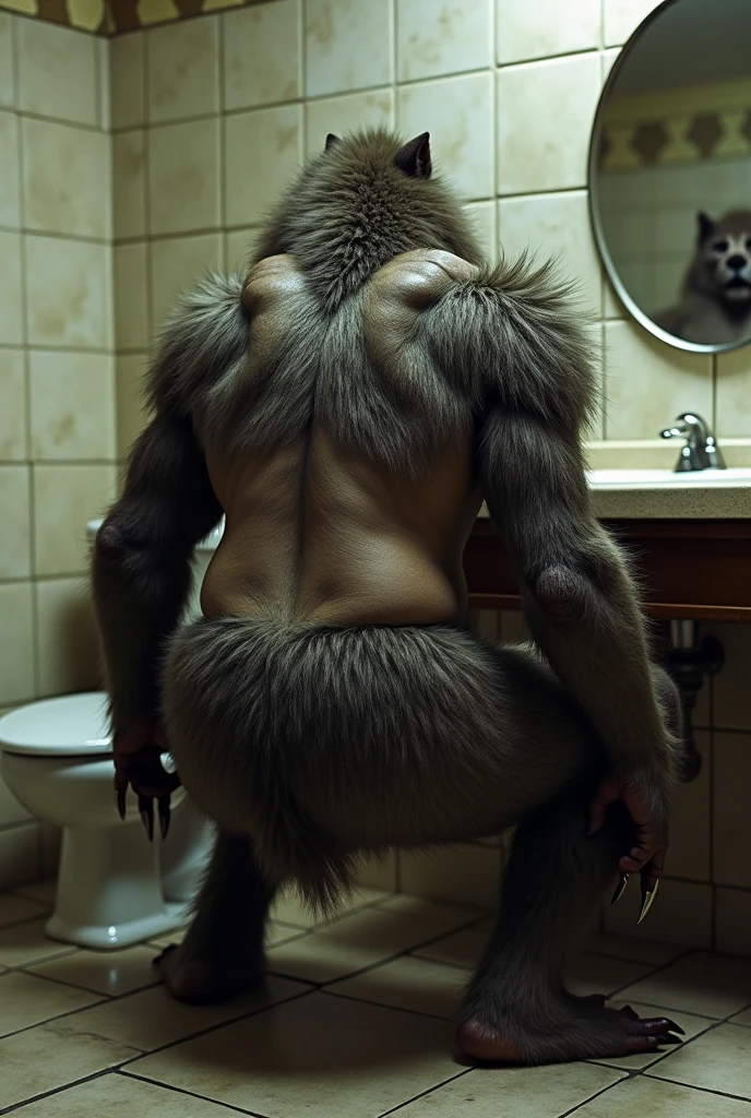Fat werewolf in a bathroom with his bare ass, viewed from behind, bending over, photo taken from behind, pov from rear, (nsfw) not safe for work, squatting down next to a mirror, photo from behind, picture from behind, somewhat bent over, rugged, long shot from back