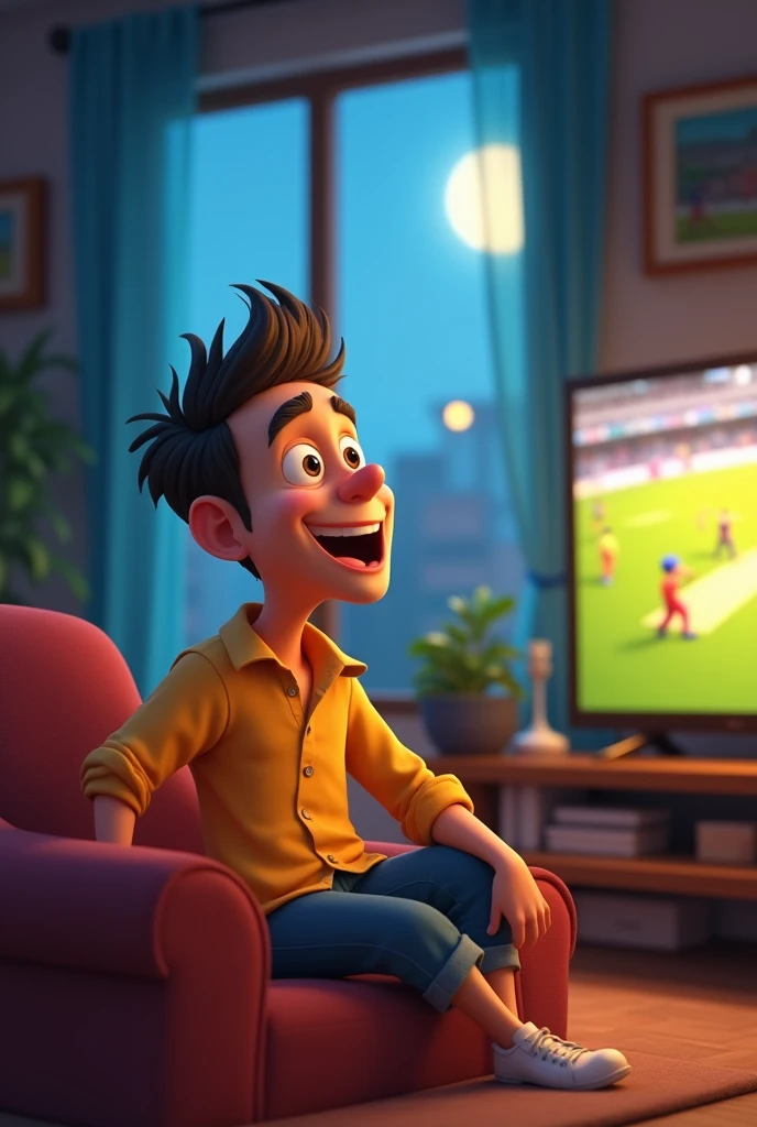 The man name is cibi watching tv in CSK match in animation
