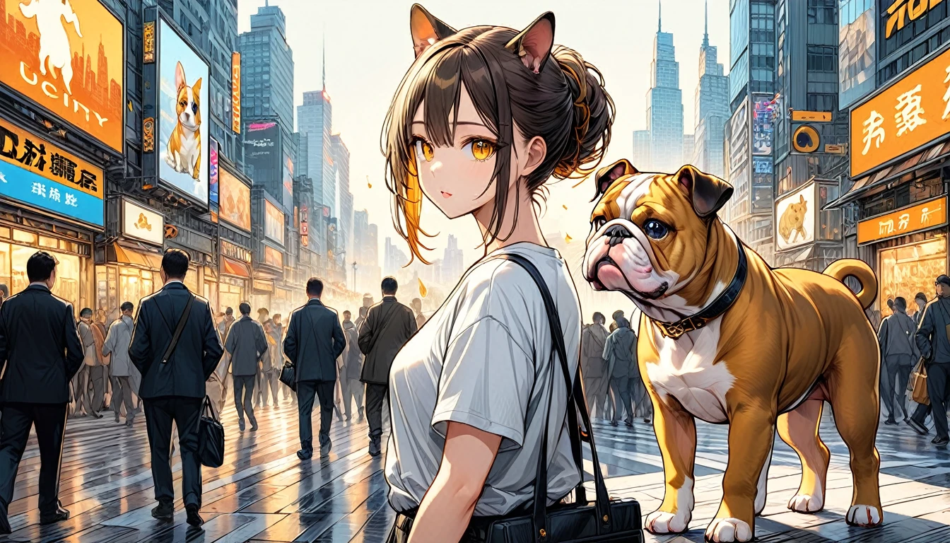 City hustle and bustleでの散歩,ブルドッグ1Animals, (((Symbolism))), 32K, Super detailed, flame, (((A woman and her bulldog puppy1Animals))), Sparkling eyes, Golden, Panorama, Long Shot, front,Super detailed cat, Highest quality, masterpiece,Built using the Golden Ratio, Awards, Perfect composition, Ultra HD, (((City hustle and bustle)), Detailed Hair, Faint lighting, Perfect beautiful woman, mysterious,T-Shirts,