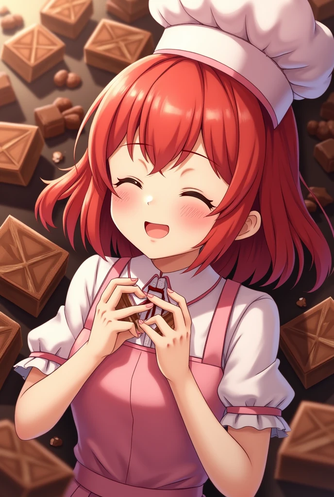 cute little redhead in light pink chef outfit surrounded by brownies and chocolate bars her eyes are closed and a sweet smile is present on her lips, A highly detailed, crystal-clear image.