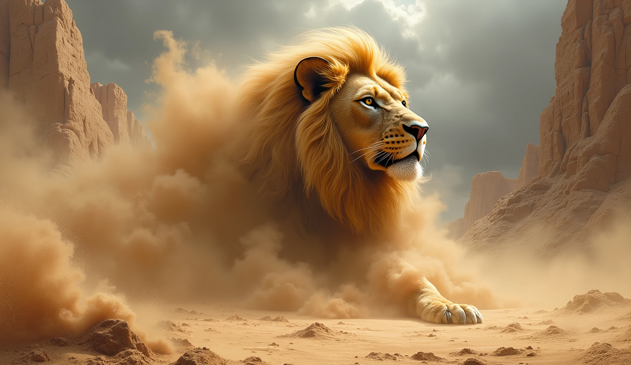 The lion&#39;s head is in the clouds of sand, the dramatic expression of a lion&#39;s head, sandstorm forming the outline of a lion, desert landscape with sand dunes and rocks, dramatic light and clouds in the sky, realistic style, wind and movement effects, realistic style 