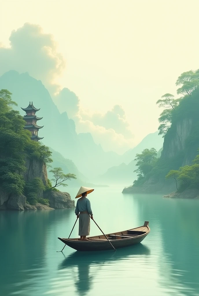 A small boat with a fisherman wearing a bamboo hat. Chinese style. The charm of Song Dynasty Chinese painting.