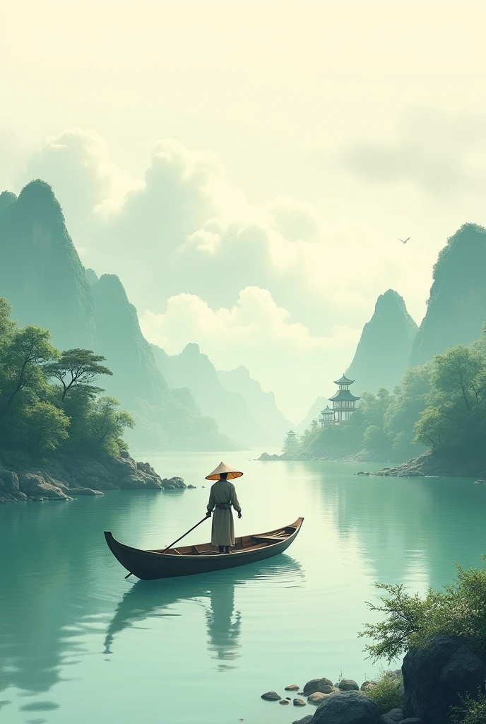 A small boat with a fisherman wearing a bamboo hat. Chinese style. The charm of Song Dynasty Chinese painting.