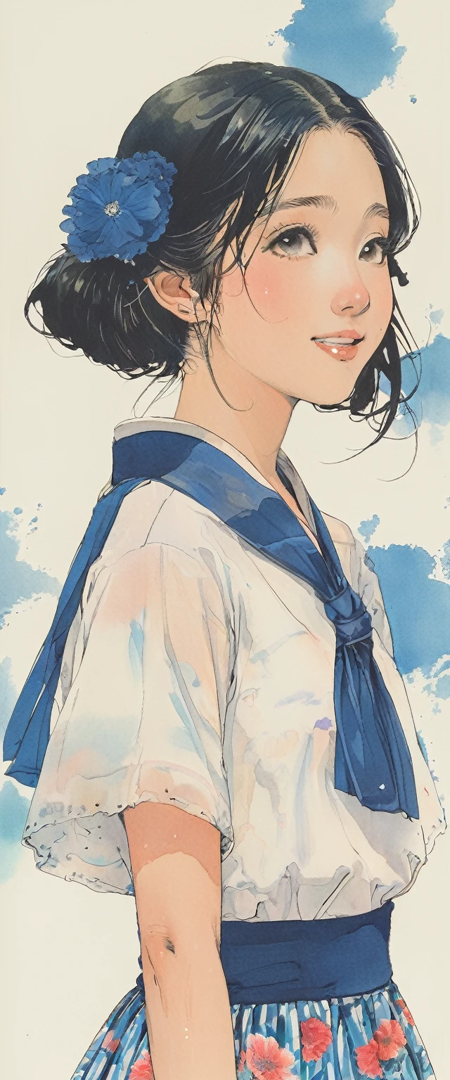 style of Kawanabe Kyosai, Asian、high school girl、Bobcut、A long-sleeved shirt with a blue stripe on a white background、Blue long skirt、Floral background、smile、Upper Body