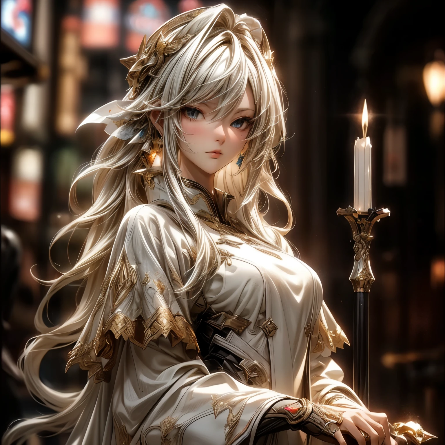 (best quality)), ((Masterpiece)), (details:1.4), 3d, HDR (high dynamic range), an image of a beautiful cyberpunk female, fantasy, Cyberpunk, Blonde hair, Long hair, Full body, Beautiful white eyes, จมูกโด่ง, ปากแดง, หน้าอกใหญ่, nvidia RTX, PBR surface, After processing, Anisotropic filtration,depth of field, Maximum clarity and clarity, multi-layered surface, Subsurface scattering, perfect proportions, 8K raw files, ultra detailed, Perfect proportions, soft lighting, Holy Knight, Heavy Silver Armor, Golden dress, glossy skin, intricate silver embroidery, Throne background, jewely, ต่างหู, นิ้วมือสมบูรณ์,