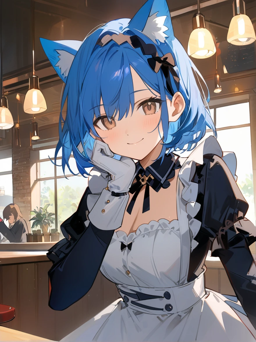 masterpiece, best quality, absurdres, score_9, score_8_up, score_7_up, source_anime, 1girl, deep brown eyes, room, wariza, Bright blue hair, Short Bob Hair, happy face, portrait,, starshadowmagician, solo, Adult woman, best perfect anatomy, Pose with hands tucked behind ears, Cheek resting on hand, cafe, indoors, window, crowd, standing, steam, looking at viewer, cat kitten ears headband, Maid clothes, Long-sleeved, white format gloves, dynamic angle. perfect dynamic composition, upper body, smile, Shooting up close, Shooting from the side, hanging light, ceiling light, Cinematic lighting, potted plant, background: cafe,