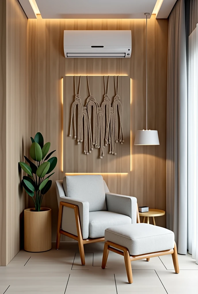 Create an image of a reading corner in a modern living room with wooden elements and cozy design. The space features a comfortable light gray armchair with wooden details on the arms and legs.. In front of the armchair, there is a matching designer pouf, also with wooden details. The background of the image shows a wooden wall with indirect lighting built into the ceiling., criando uma atmosfera quente e acolhedora. Next to the armchair, there is a small wooden side table with a cylindrical shape, on which there is a decorative plant. On the wall next to the armchair, there is an art installation made up of large hanging rope links. A white air conditioner is fixed to the wall above the art installation.. The floor is light porcelain, complementing the neutral palette of the room