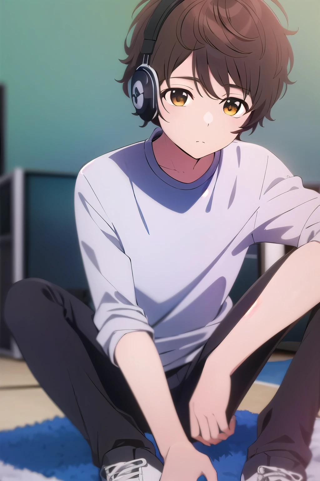 photorealistic, (4k), depth of field, (Masterpiece), (realistic skin texture), extremely detailed, intricate, hyper detailed, high resolution, professional photography, , depth of field, sharp detail, best quality, , 1boy, solo, male focus, shun_tokinoya, brown hair, brown eyes, , bangs, , , Fiesta, HD, Con Auriculares, sudadera, cuerpo completo, pantalon largo, tenis blanco & negro, Dj, De la cabeza hasta los pies, manos alzadas.