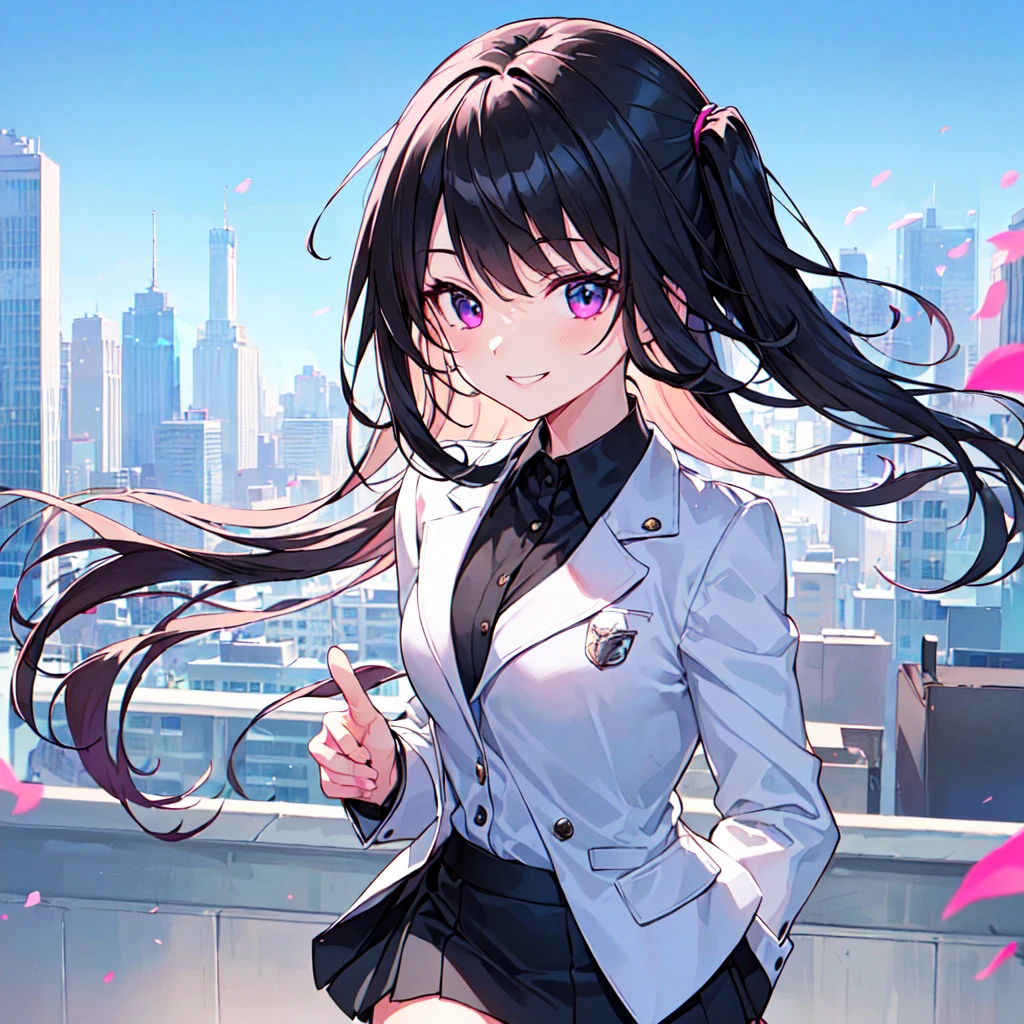 masterpiece, best quality, high quality, extremely detailed, very delicate and beautiful, (1 female 1 solo:1.5), (two side up long black hair:1.5), bangs to eyebrows, eyes sharp and bright (eye color magenta:1.3), 6.5 head height, (office lady in black suit and tight mini skirt:1.3), (knee socks), lace, (standing), (dynamic pose), (smiling), (background skyscraper rooftop:1.3), (blue sky:1.3), (upper body:1.3)