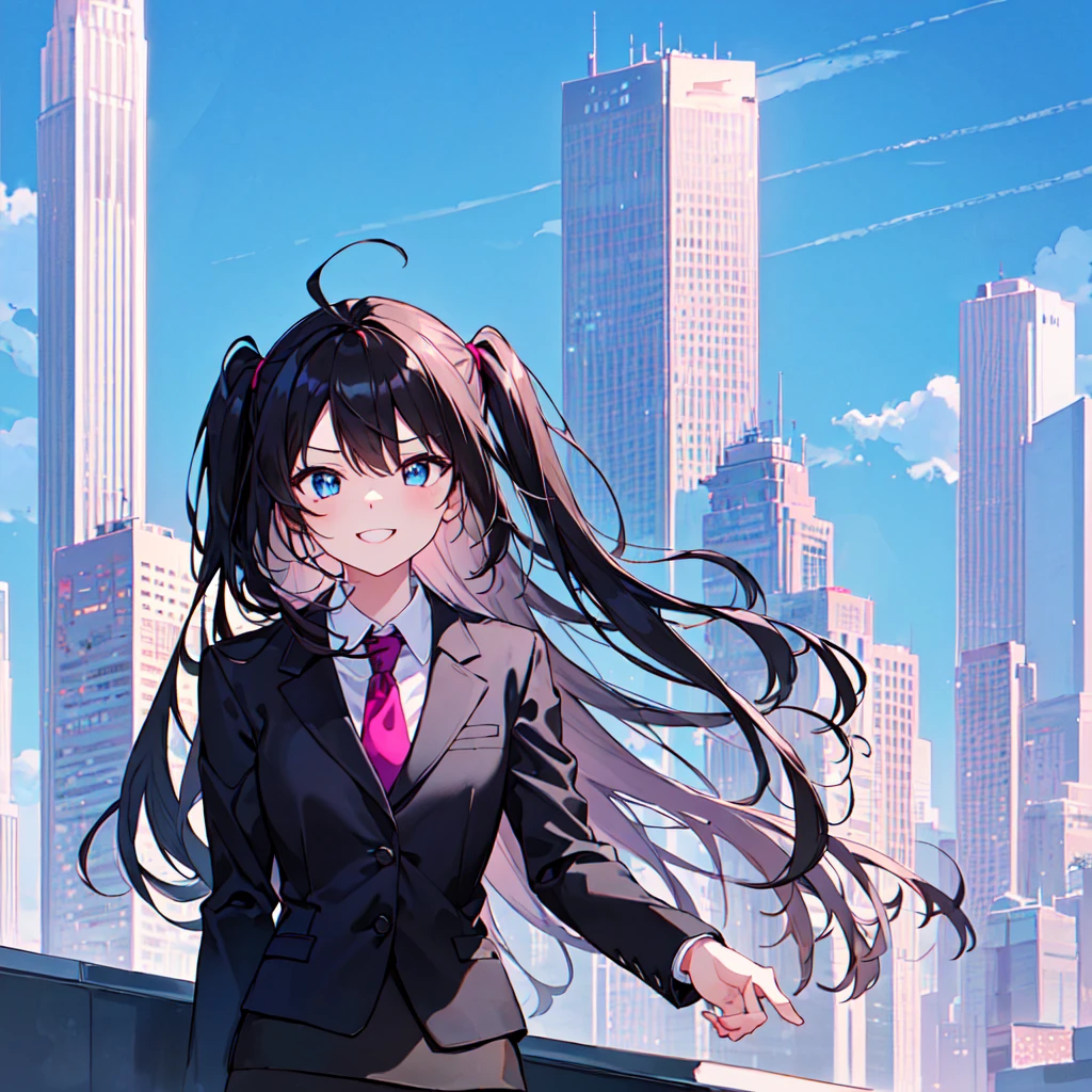 masterpiece, best quality, high quality, extremely detailed, very delicate and beautiful, (1 female 1 solo:1.5), (two side up long black hair:1.5), bangs to eyebrows, eyes sharp and bright (eye color magenta:1.3), 6.5 head height, (office lady in black suit and tight mini skirt:1.3), (knee socks), lace, (standing), (dynamic pose), (smiling), (background skyscraper rooftop:1.3), (blue sky:1.3), (upper body:1.3)