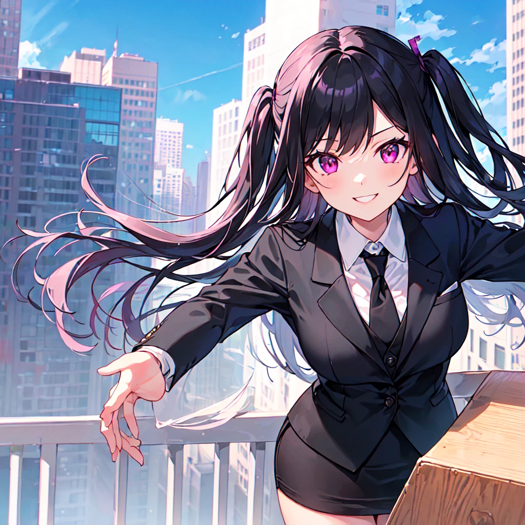 masterpiece, best quality, high quality, extremely detailed, very delicate and beautiful, (1 female 1 solo:1.5), (two side up long black hair:1.5), bangs to eyebrows, eyes sharp and bright (eye color magenta:1.3), 6.5 head height, (office lady in black suit and tight mini skirt:1.3), (knee socks), lace, (standing), (dynamic pose), (smiling), (background skyscraper rooftop:1.3), (blue sky:1.3), (upper body:1.3)