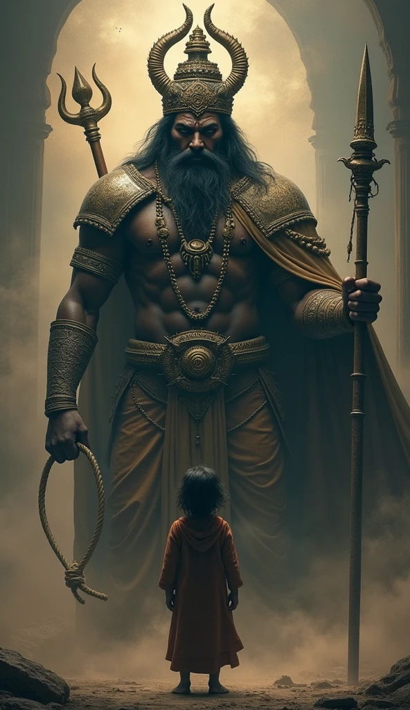 Yama, the god of death, appears before Nachiketa. Yama is depicted as a powerful figure with dark skin, wearing traditional armor and a crown, holding a noose and a staff. His expression is both stern and compassionate. Nachiketa looks up at him with a mix of awe and determination, standing respectfully but firmly.