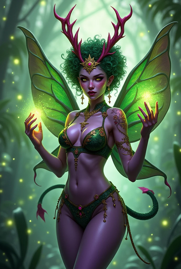 Prismatic coloration. Jungle like environment. A Short young fairy like Plant woman with a Deep purple skin tone lit up with heavy miniscule starlike freckles & a set of B-cup breasts, bearing curvaceous hips, Slender Legs, & a round plump ass. She has short leaf green curly hair stopping at the top of her neck with various flowers growing within. She is wearing a revealing Black & Purple Bikini like armor exposing much of her chest area with Golden celestial designs & an otherworldly Golden Tiara on her head. She has a serious face & a stern gaze in her sharp Starlike Golden Glowing eyes with black sclera & a heavy freckled form. She has long sharp Glassy Blood-Red Demonic horns radiating Floral energy & a set of elegant deer like ears. She has long Ruby red vine like tattoos running all around her body accompanied by Crimson Star-like Tattoos running along them. She has a small cute deer like nose. She has large Crystal Golden Fairy-like wings with a starlike pattern. She is seen in a battle stance summoning verdant green Stardust magic from her fingertips. Lastly she has a quaint, wolf like tail