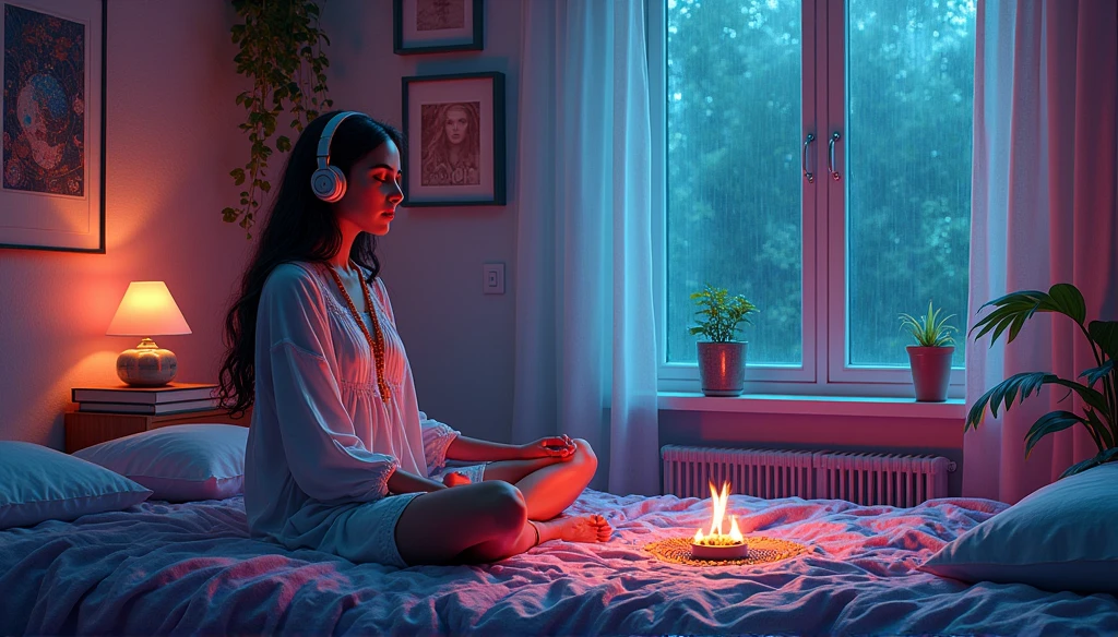 European hippie girl meditating in her room, dream, Wear headphones, night lighting, Neon scenery on a rainy day, Analog Color Theme, Lo-fi hip hop , review, flat, 2.5D ,Draw a line, Ink painting, Large slope, Watercolor, Goosh Colors, Studio Ghibli Style, Great colorful, Outerton, Krautlock, Lofi Art, 70s style,Old Texture, amplitude,Psychedelic atmosphere, masterpiece, Great technology,