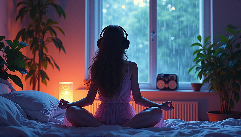 European hippie girl meditating in her room, dream, Wear headphones, night lighting, Neon scenery on a rainy day, Analog Color Theme, Lo-fi hip hop , review, flat, 2.5D ,Draw a line, Ink painting, Large slope, Watercolor, Goosh Colors, Studio Ghibli Style, Great colorful, Outerton, Krautlock, Lofi Art,  70s style,Old Texture, amplitude,Psychedelic atmosphere, masterpiece, Great technology,