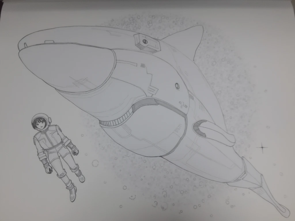 sketches of a drawing of an anime girl in space suit, scientist girl, with giant mech whale, outline sketch, clean anime outlines, detailed penciling, heavy outlines, thick outline, rough sketch, detailed but rough, line sketch!!, thick outlines, outlined!!!, intense line art, ink outlines, hyper contrast well drawn, line sketch, line art!!, clean lineart