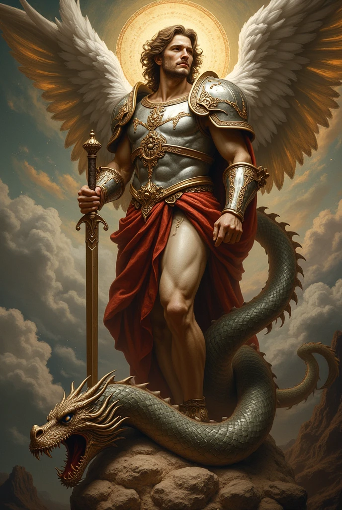 Renaissance drawing of Archangel Michael with sword subduing dragon
