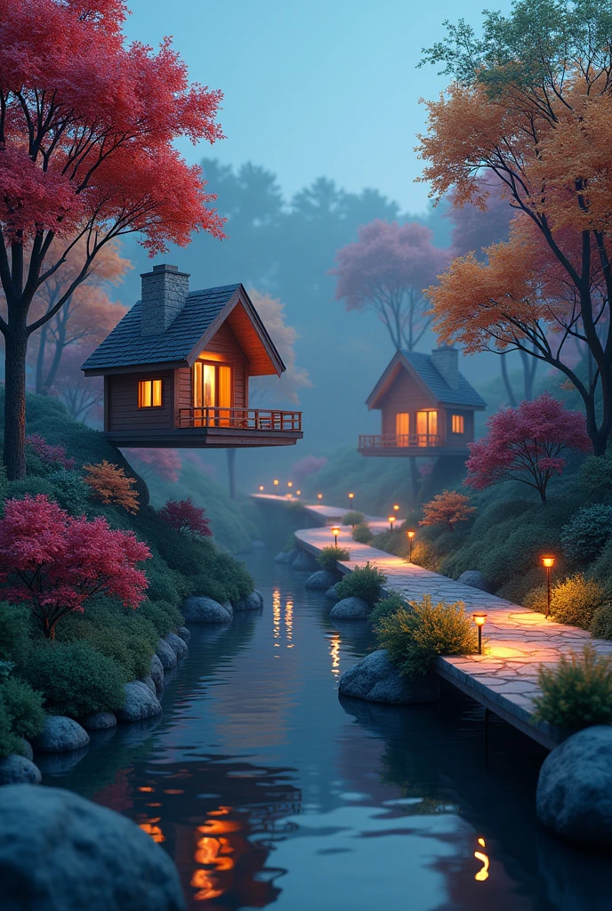 Floating houses and colorful trees connected by illuminated paths at night perfect just create the trees of different colors and make the houses float

