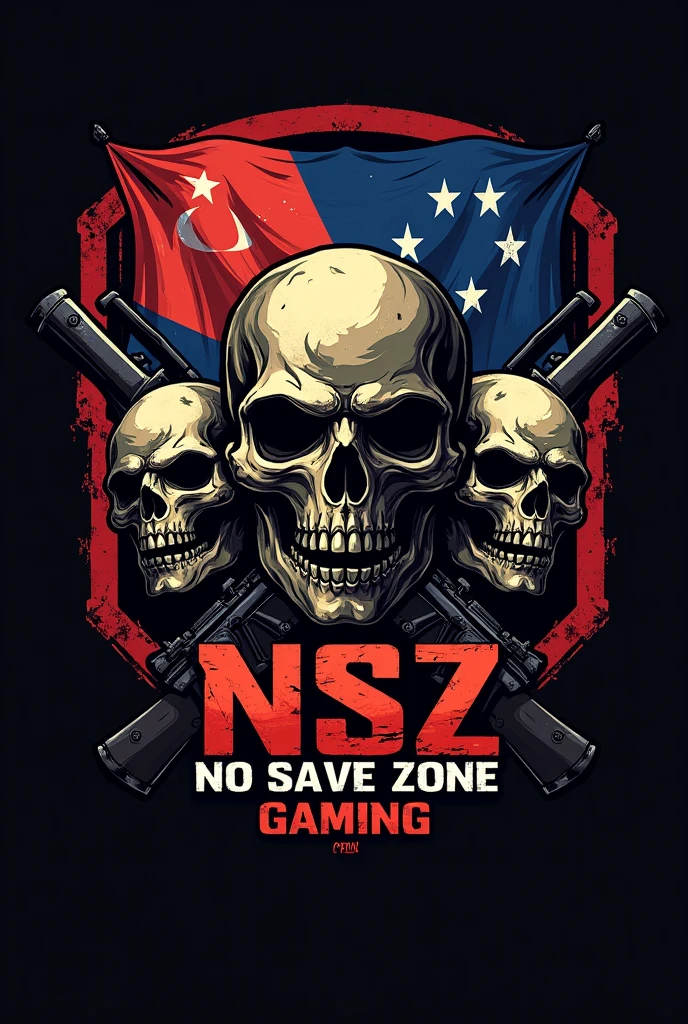 Create a pubgm logo that has the name NSZ no save zone gaming  it must a weapon and skulls 
in the background like the move expendables it must have the name NSZ no save zone gaming with Papua New Guinea flag in the background 