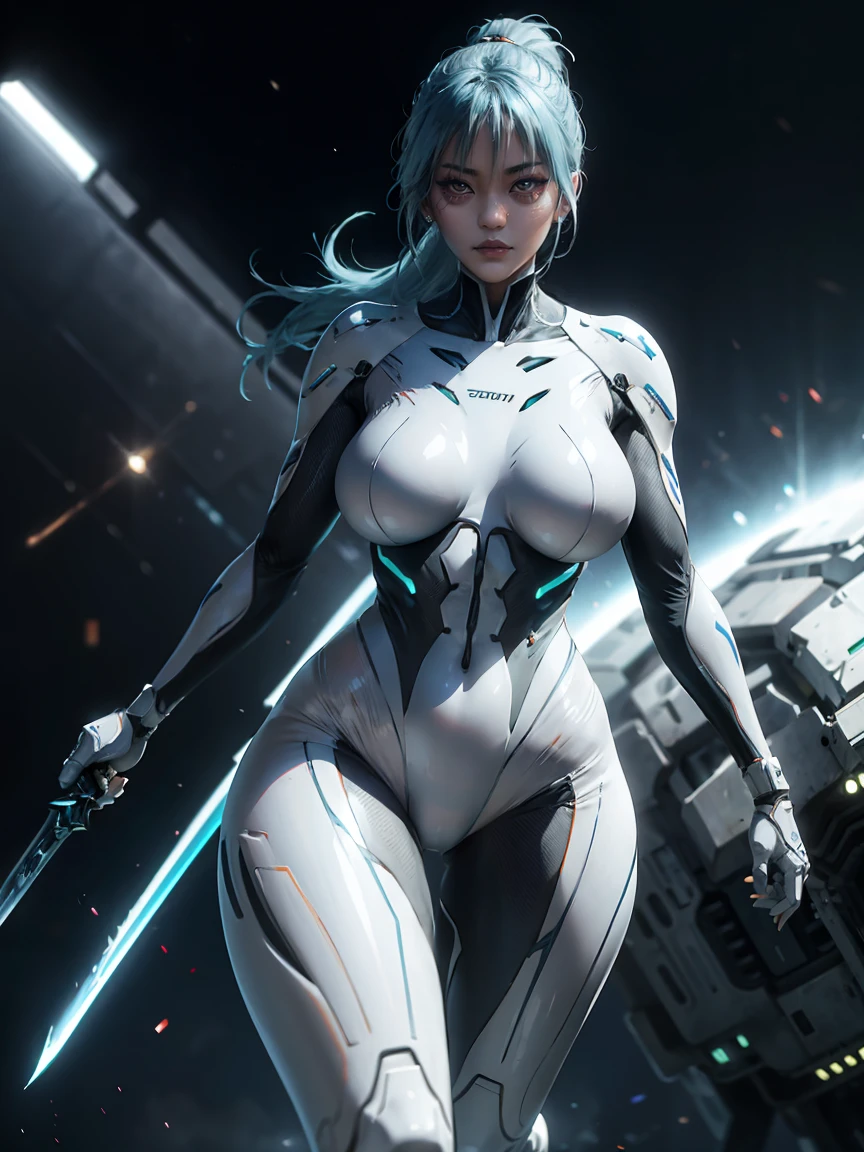 4K,hight resolution,thicc Asian Woman, light blue hair,ponytail.Green eyes,Colossal ,White Cybersuit,Bodysuits, (holding Longsword), spaceship at the background in the space