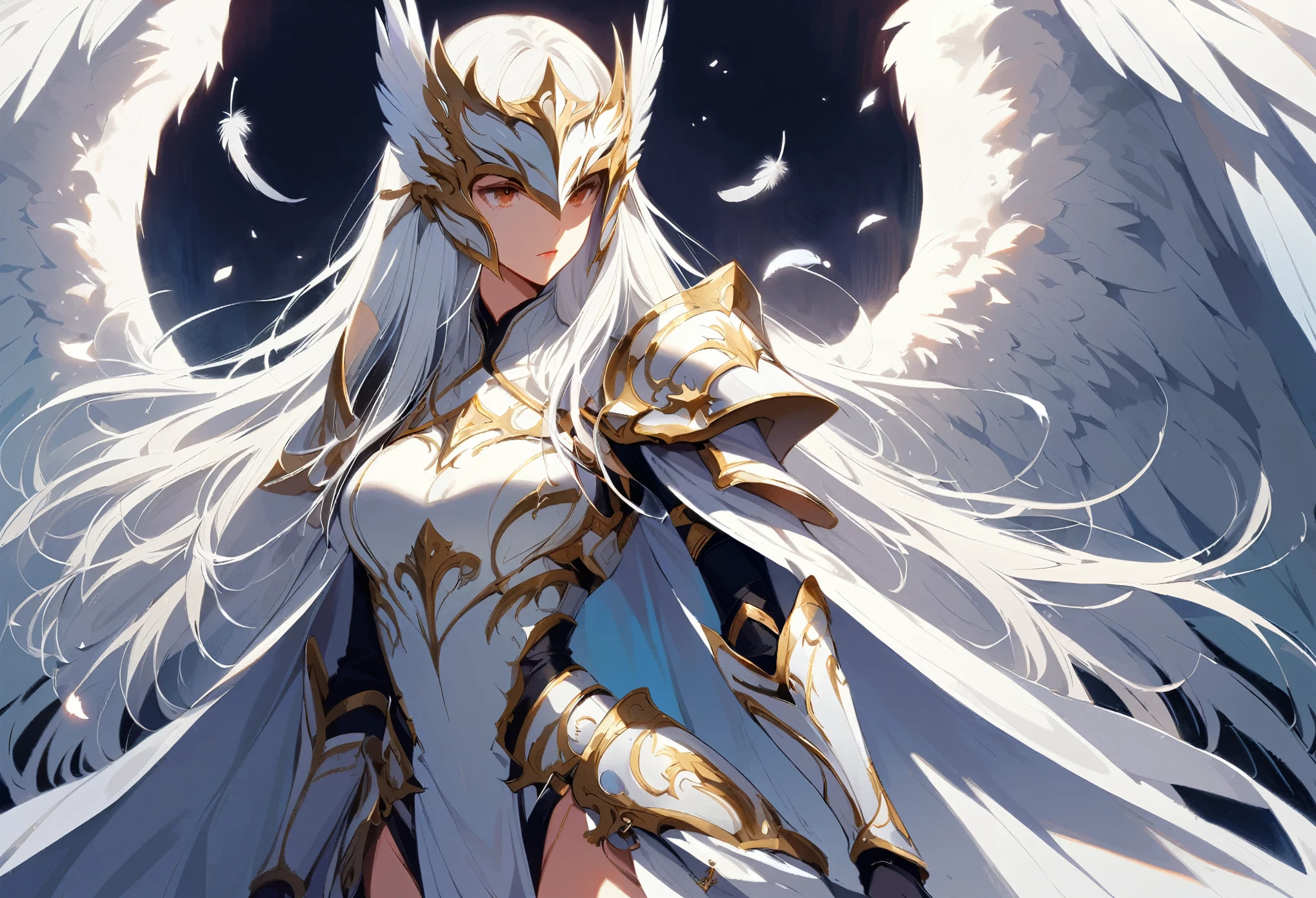1girl angel mask angel_wings armor feathers_Long wing feathers_Hair Shoulder Armor Shoulder_Armor single piece_Wing separate upper part_The body is white_Theme White_Wings Wings