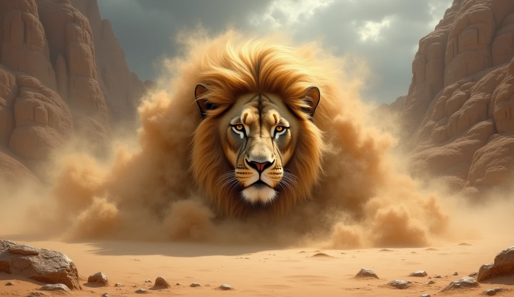 The lion's head is in the clouds of sand, the dramatic expression of a lion's head, sandstorm forming the outline of a lion, desert landscape with sand dunes and rocks, dramatic light and clouds in the sky, realistic style, wind and movement effects, realistic style