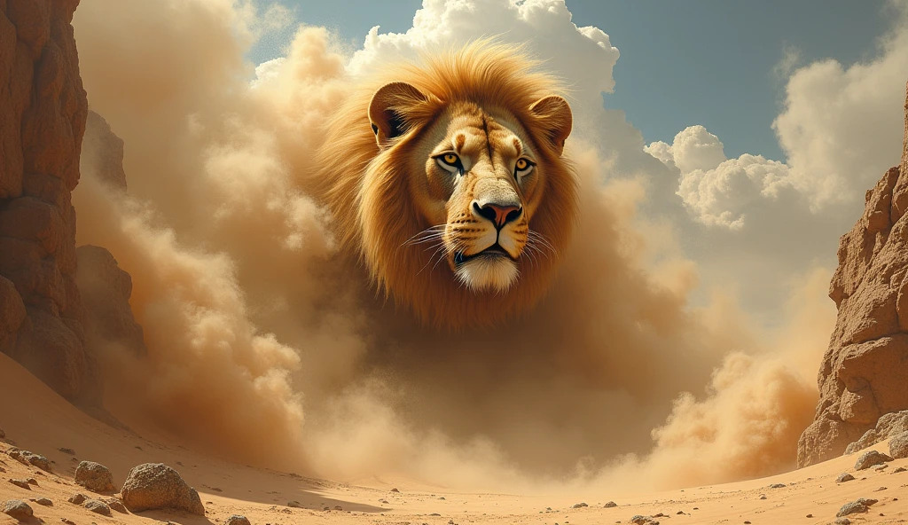 The lion&#39;s head is in the clouds of sand, the dramatic expression of a lion&#39;s head, sandstorm forming the outline of a lion, desert landscape with sand dunes and rocks, dramatic light and clouds in the sky, realistic style, wind and movement effects, realistic style 