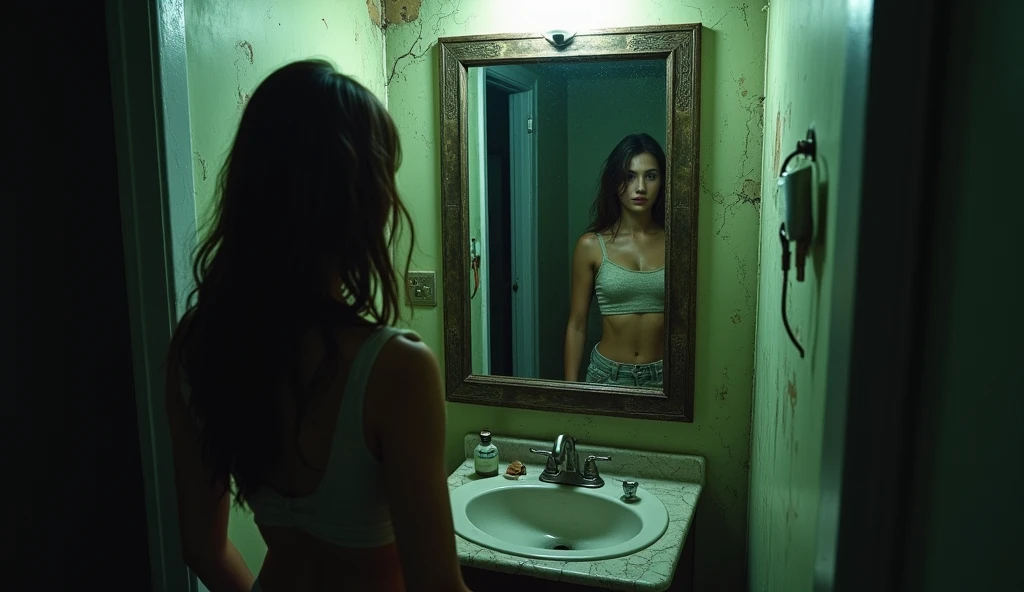 "Teena stands in a small, old-fashioned bathroom with peeling wallpaper and a cracked, dusty mirror. She is looking into the mirror with a shocked expression as she sees a shadowy, ghostly figure standing behind her. The figure is vague and indistinct, more of a dark silhouette with an unsettling presence. The bathroom is dimly lit, with a single flickering light bulb adding to the eerie atmosphere."