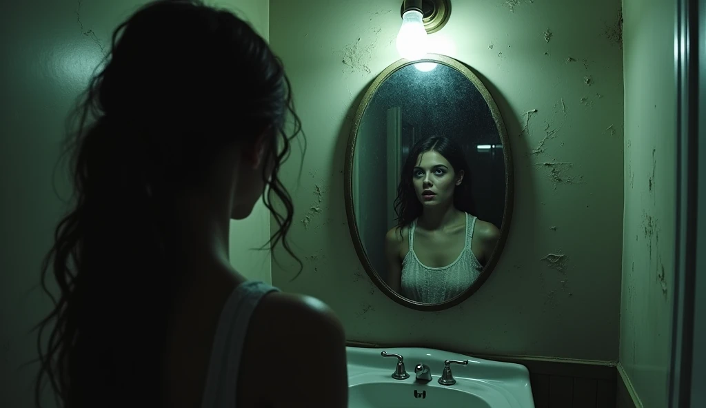"Teena stands in a small, old-fashioned bathroom with peeling wallpaper and a cracked, dusty mirror. She is looking into the mirror with a shocked expression as she sees a shadowy, ghostly figure standing behind her. The figure is vague and indistinct, more of a dark silhouette with an unsettling presence. The bathroom is dimly lit, with a single flickering light bulb adding to the eerie atmosphere."
