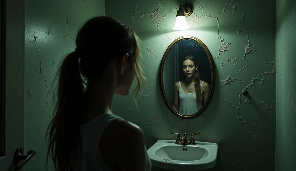 "Teena stands in a small, old-fashioned bathroom with peeling wallpaper and a cracked, dusty mirror. She is looking into the mirror with a shocked expression as she sees a shadowy, ghostly figure standing behind her. The figure is vague and indistinct, more of a dark silhouette with an unsettling presence. The bathroom is dimly lit, with a single flickering light bulb adding to the eerie atmosphere."