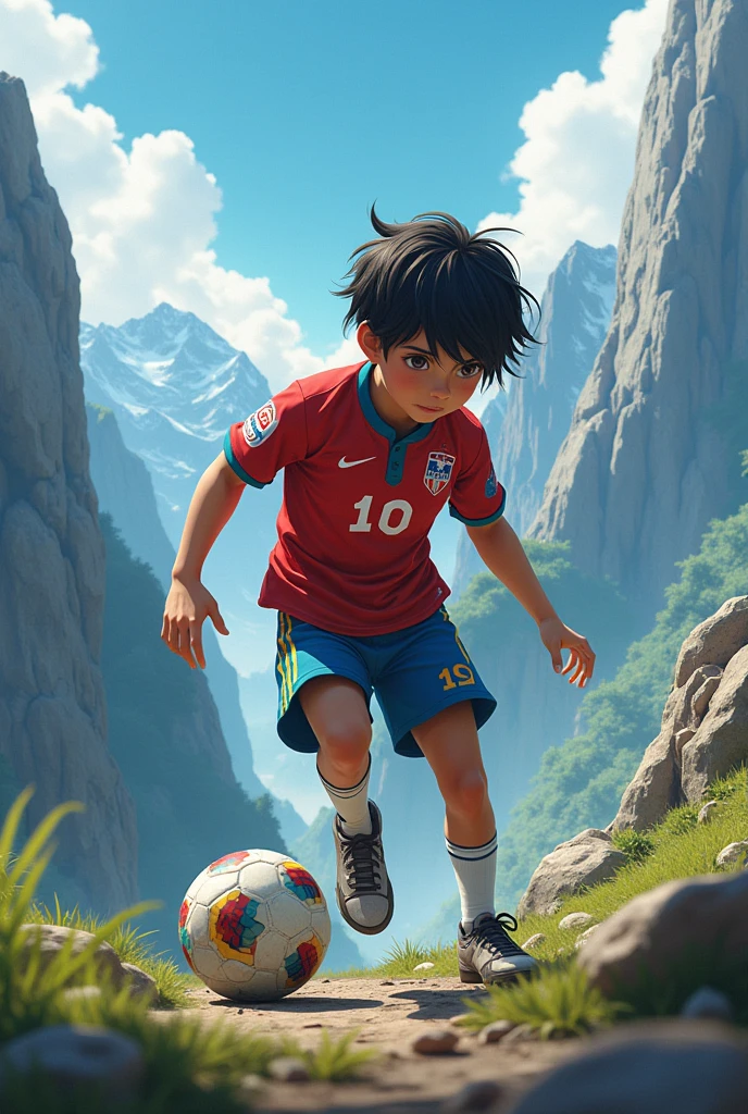 Tsubasa is in the turkey mounth and he is pick a ball from down and he is . He was dressed a 10 number football kit