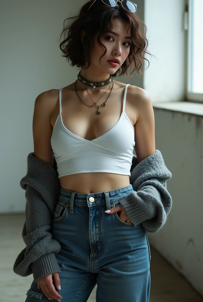 female, combat boots, white crop top, short curly hair, white eyes, baggy jeans, grunge outfit, arching, asian, open cleavage, sexy, erotic, beautiful, curvy, sweater on shoulders, fashion glasses, angle from below, women in grunge outfit