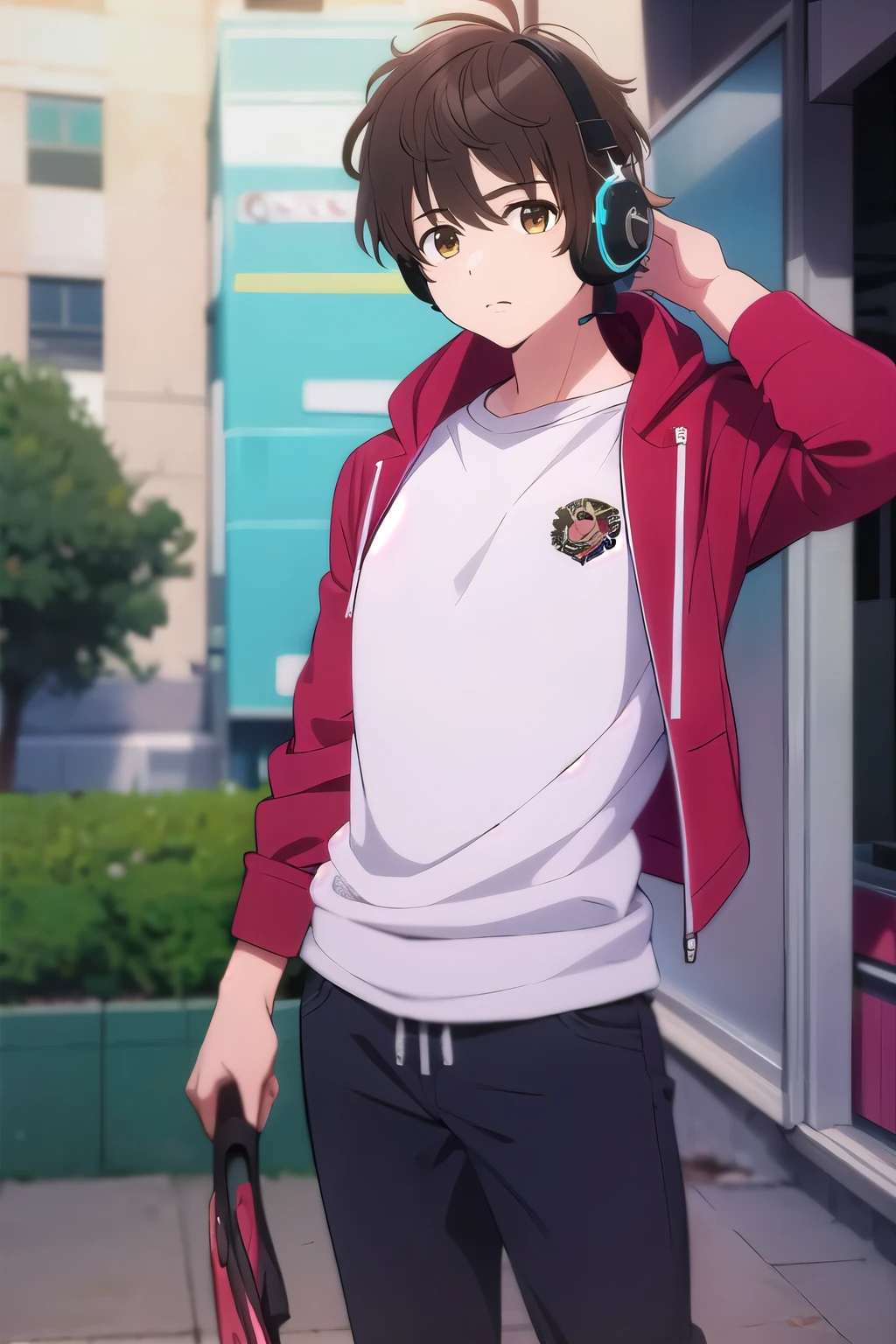 photorealistic, (4k), depth of field, (Masterpiece), (realistic skin texture), extremely detailed, intricate, hyper detailed, high resolution, professional photography, , depth of field, sharp detail, best quality, , 1boy, solo, male focus, shun_tokinoya, brown hair, brown eyes, , bangs, , , Fiesta, HD, Con Auriculares, sudadera roja, magic power. Poder magico, escudo magico, magia, cuerpo completo, pantalon negro, tenis converse, con poderes de Doctor strange.