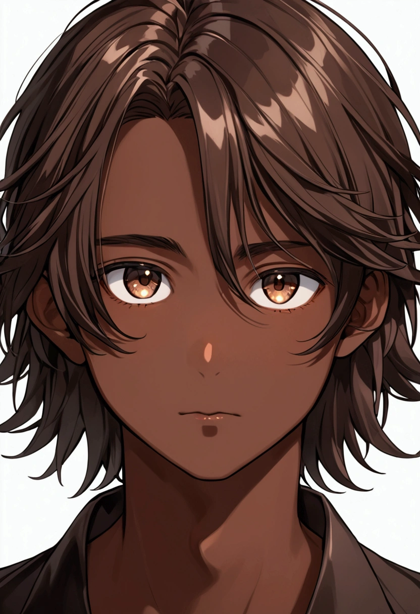 "An boy with chocolate-colored skin and lustrous, shoulder-length, brown hair. A single strand of his hair falls perfectly in front of his face, giving him a charming and innocent look, circlesface shape."