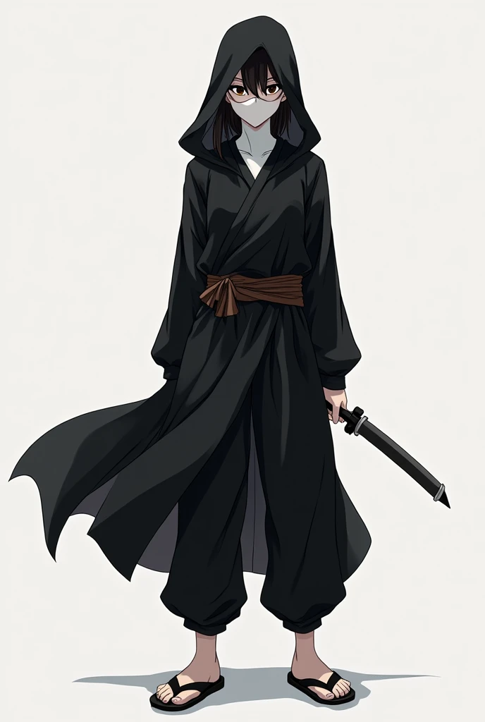 A 1 man in black pants, sandals, a black blouse with long sleeves, a hood that covers your hair completely and a white mask that hides your mouth and nose, your skin is white and leaves your eyes showing, His eyes are black in color, he is standing with his left arm behind his back and his right arm is holding a shuriken, he has a brown belt around his waist, anime styling!