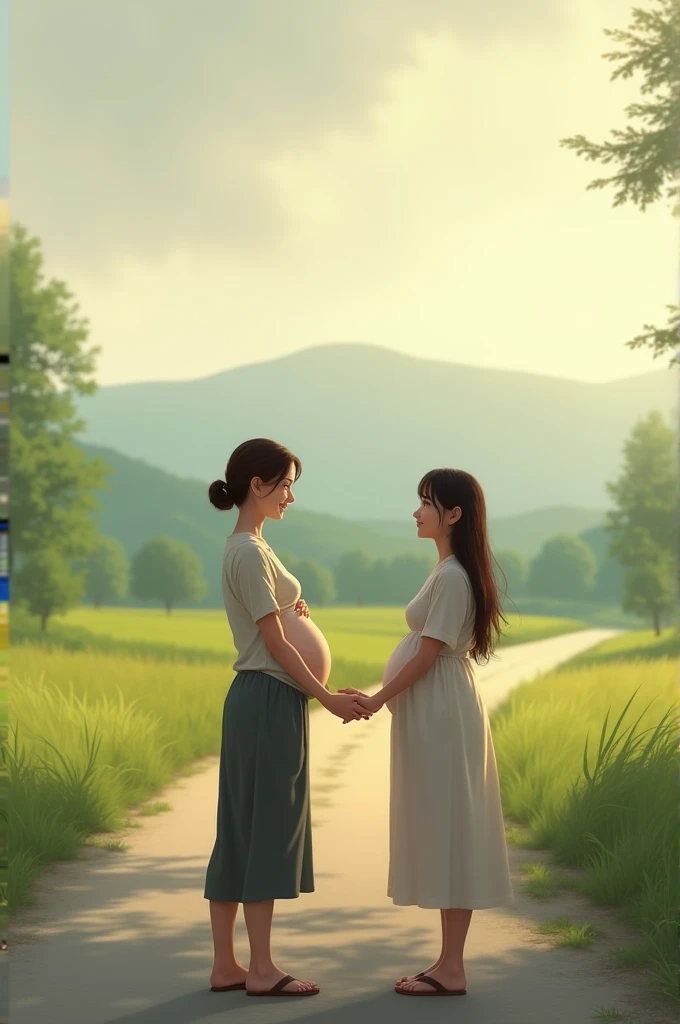Generate a picture of pregnat lady and her sister waiting on the road