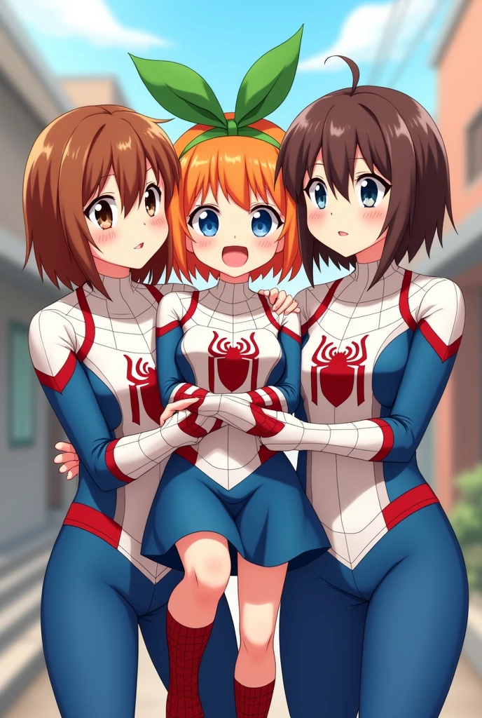 Yotsuba nakano short orange hair, green ribbon on the head in the shape of a rabbit,blue eyes, at 2, full body, more adult and wearing a spiderman suit and a 2 brown-haired adult, Brown eyes,with white spiderman spiderman suit, red suit and hugging