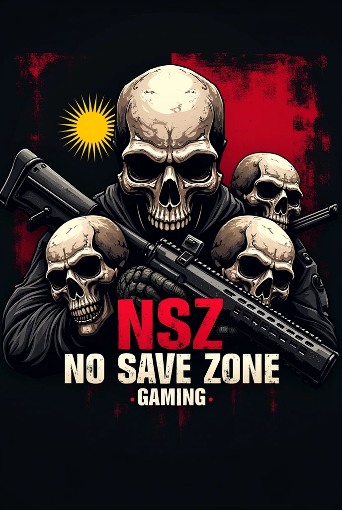 Create a pubgm logo that has the name NSZ no save zone gaming it must a weapon and skulls
in the background like the move expendables it must have the name NSZ no save zone gaming with Papua New Guinea flag in the background