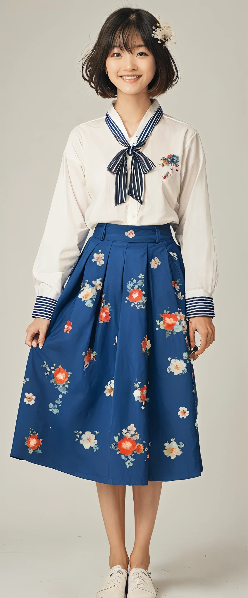 style of Kawanabe Kyosai, Asian、high school girl、Bobcut、A long-sleeved shirt with a blue stripe on a white background、Blue long skirt、Floral background、smile、Upper Body