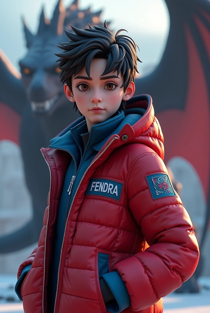 a man3d wear coat red and blue pop up name "fendra"cool with dragon background fall