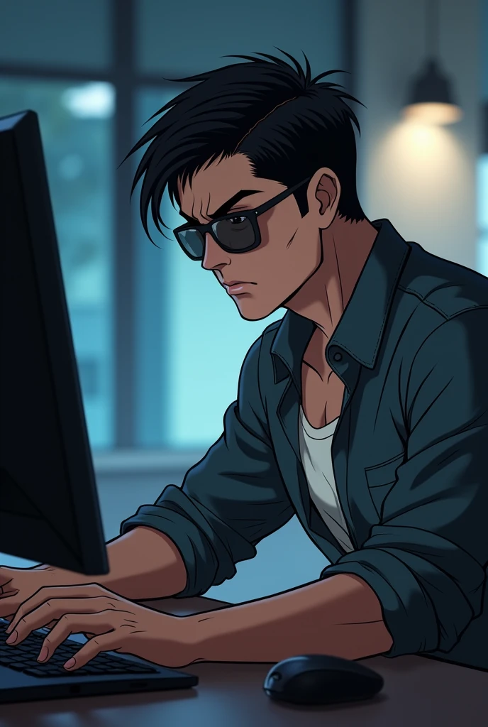 (Man in a shirt), ), (Unshaven,30th Generation) sunglasses, Troubled expression, Short black hair, elegant, elegant, Shaved body, Showing off, Fernando Torres, soccer player, (high quality, Anime Image), Looking at the computer while working, Movie Style, ((最high quality, In 8K, Representative works).
