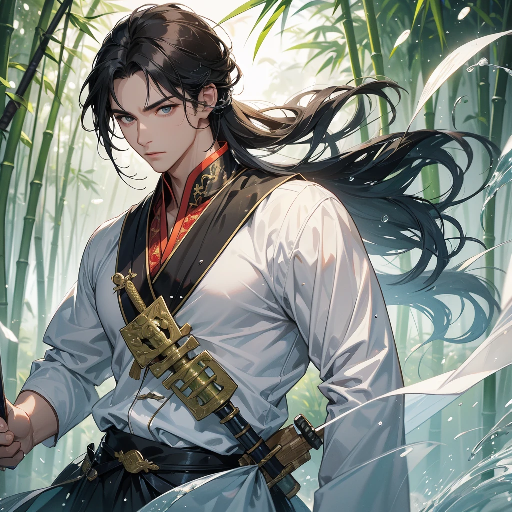 a Handsome black-haired male holding a large sword in ancient Chinese costume, the back-white is a lush green bamboo forest. the air after rain has water droplets splashing around. close up.