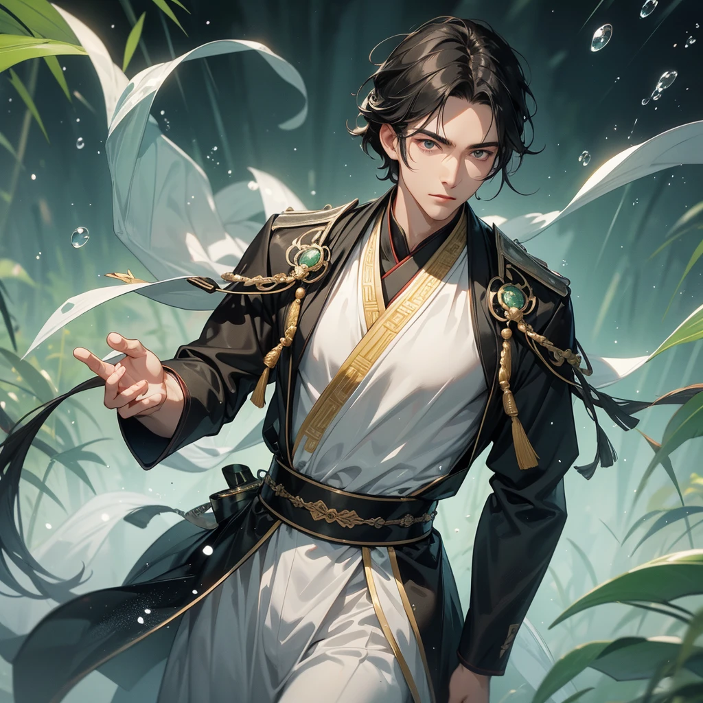 a Handsome black-haired male holding a large sword in ancient Chinese costume, the back-white is a lush green bamboo forest. the air after rain has water droplets splashing around. close up.