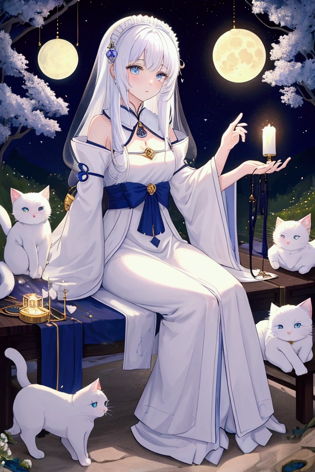 A white cat enjoying fortune telling with tarot cards in a fantastical atmosphere。The cat has fluffy white fur、She has beautiful eyes。The cat is holding a tarot card、A serious look at fortune telling。Soft light shines into the background、Stars and Moon、Elements of a magical forest are scattered throughout the space.。Overall, a dreamy fantasy world unfolds.、Heals the hearts of those who see it